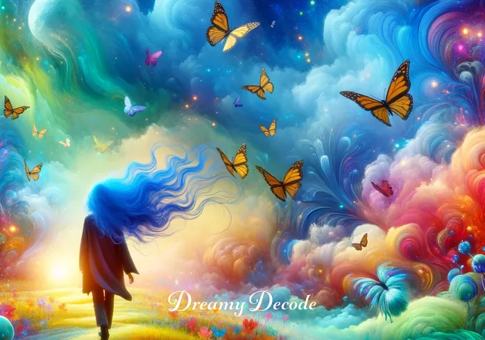 blue hair dream meaning _ The dreamer walking through a vibrant, surreal landscape, their blue hair shining brightly, attracting butterflies, indicating a sense of freedom and transformation in their dream journey.
