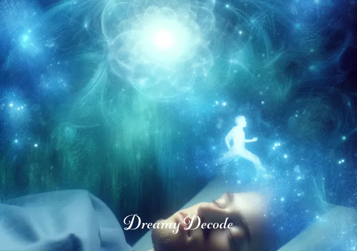 blue hair dream meaning _ A dreamer peacefully sleeping, surrounded by a soft blue glow emanating from their hair, symbolizing tranquility and the realization of inner peace as the final stage of their dream exploration.