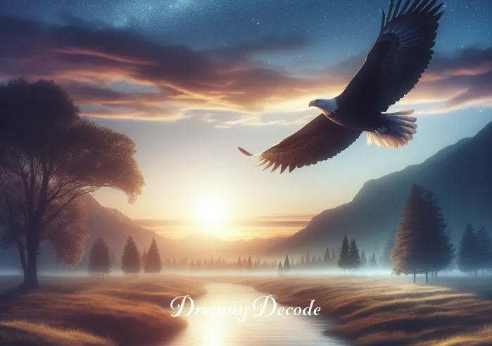 eagle attack in dream meaning _ A serene landscape under a twilight sky, with a large eagle soaring gracefully above a calm river, symbolizing freedom and the pursuit of aspirations.