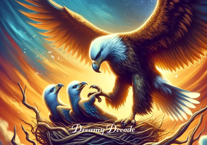 eagle attack in dream meaning _ The eagle engaging gently with its young in the nest, symbolizing protection, nurturing, and overcoming fears or difficulties.