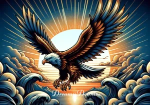 eagle attack in dream meaning _ The eagle taking flight again against a backdrop of a rising sun, denoting triumph, renewed hope, and the successful navigation of life's challenges.
