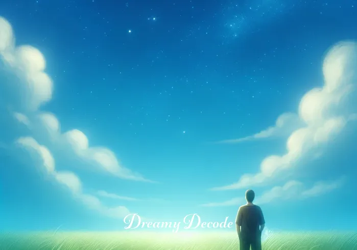 blue in a dream meaning _ A person stands in a serene meadow under a clear blue sky, symbolizing peace and tranquility in dreams. The meadow is lush with green grass, and the person looks content, embodying a sense of calm and harmony.