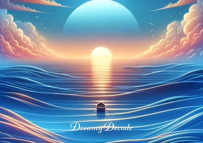 blue in a dream meaning _ The scene transitions to a calm, blue ocean at sunset. Gentle waves represent emotional healing and reflection in dreams. A single boat floats peacefully, indicating a journey of self-discovery and emotional balance.