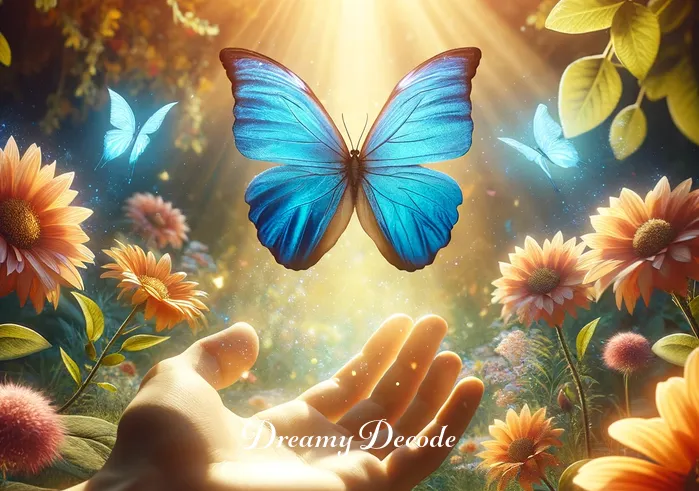 blue in a dream meaning _ A vibrant blue butterfly lands delicately on a person