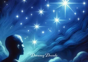 blue in a dream meaning _ A person gazes at a starry night sky, painted in shades of deep blue. The stars form patterns, signifying guidance and insight in dreams. The person appears thoughtful, reflecting a quest for knowledge and understanding.