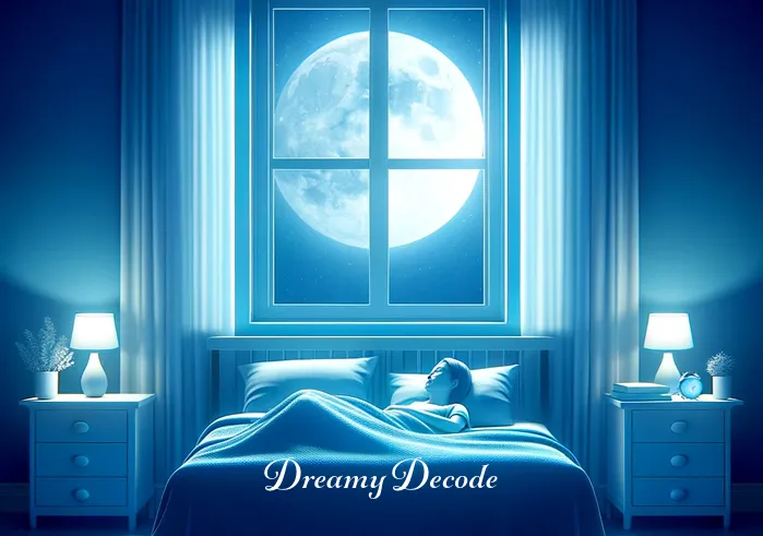 blue in dream meaning _ A tranquil bedroom scene at night, with soft moonlight filtering through the window, casting a serene blue glow over everything. A person is asleep in bed, surrounded by gentle shades of blue in the bedding and walls, symbolizing peace and calmness in dreams.