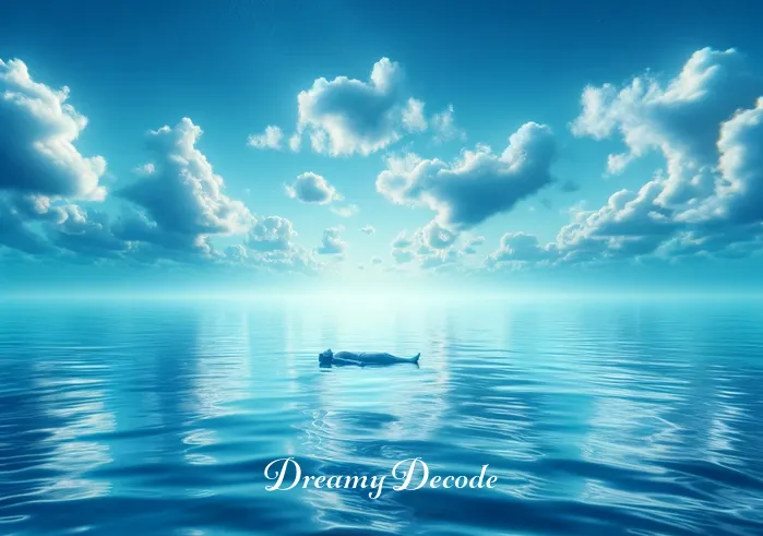 blue in dream meaning _ The dream transitions to a vast, calm ocean under a clear sky. The water is a deep shade of blue, reflecting the sky. This image represents the feeling of freedom and exploration in dreams, as the dreamer seems to be peacefully floating on the ocean