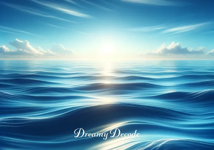 blue ocean dream meaning _ A serene blue ocean spans the horizon under a clear sky, symbolizing a sense of peace and tranquility. Gentle waves ripple across the surface, reflecting the sunlight in a calm, soothing pattern. This image represents the beginning of a dream journey, where the vastness of the ocean signifies limitless possibilities and a deep sense of inner calm.