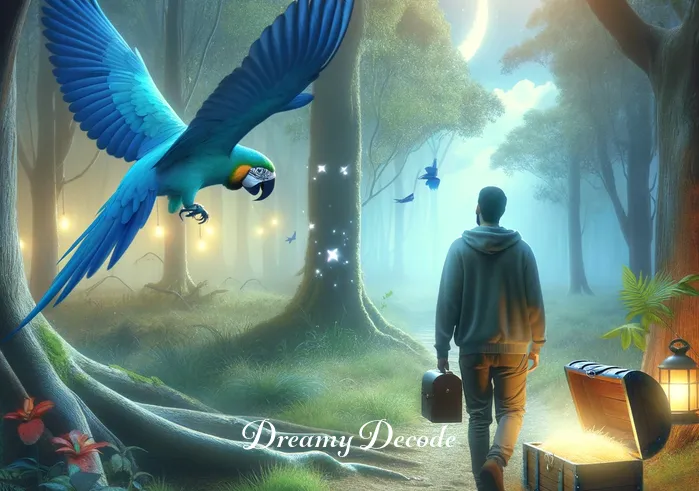 blue parrot dream meaning _ In the final scene, the blue parrot leads the dreamer to a clearing where a hidden treasure chest awaits, symbolizing the dreamer's discovery of hidden talents or unexpected rewards in their waking life.