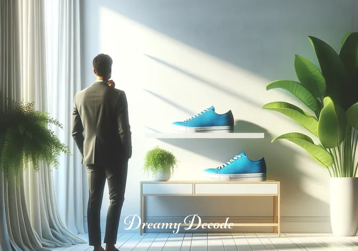 blue shoes dream meaning _ A person standing in a serene, sunlit room, looking contemplatively at a pair of bright blue shoes placed on a white shelf. The shoes are stylish and new, symbolizing a sense of adventure and new beginnings in the context of dream interpretation.