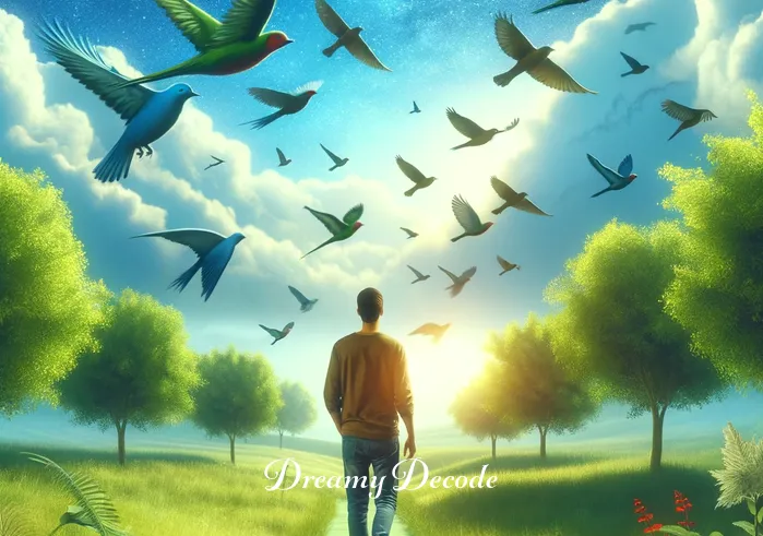 blue shoes dream meaning _ A dream sequence where the same person is walking through a lush green park wearing the blue shoes, with a feeling of freedom and joy. Birds are flying in the clear blue sky, representing the fulfillment of goals and personal growth.