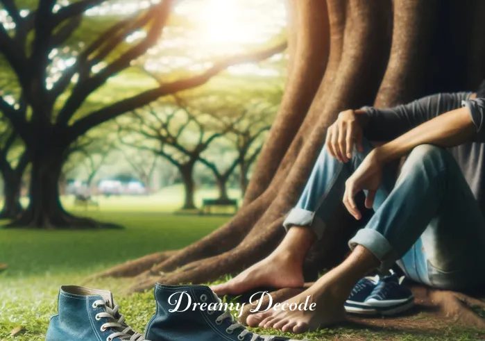 blue shoes dream meaning _ The person now sitting under a large tree in the park, shoes off, feeling the grass with their bare feet. The blue shoes rest beside them, signifying a moment of introspection and the importance of grounding oneself in the journey of life.