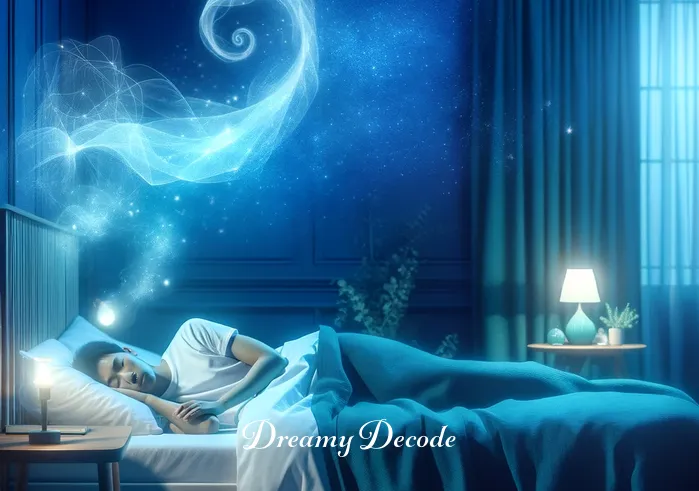 blue snake in dream meaning _ A tranquil scene depicting a person asleep in a softly lit room. They appear peaceful, with a faint smile, suggesting a pleasant dream. The room is decorated with shades of blue, and a faint, ethereal image of a blue snake can be seen hovering above them, symbolizing the onset of the dream.