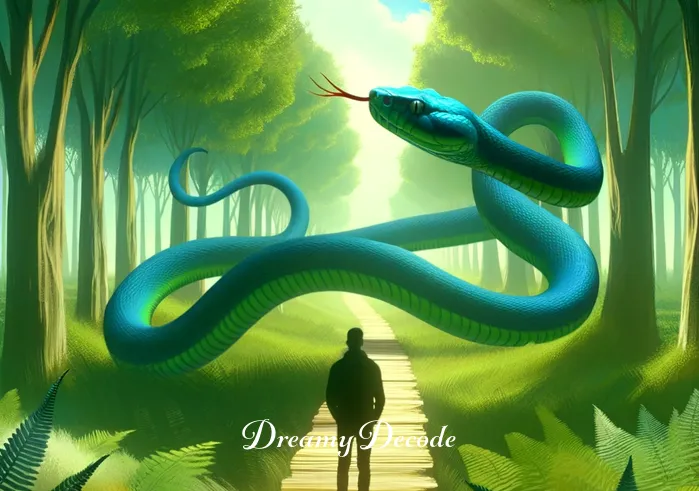 blue snake in dream meaning _ The dream sequence progresses, showing the person in the dream standing in a lush, verdant forest. The blue snake, now more prominent, winds its way through the trees, leading the dreamer on a path. The scene is serene, with sunlight filtering through the leaves, casting dappled shadows.