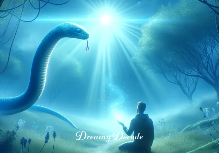 blue snake in dream meaning _ Transitioning deeper into the dream, the person is now seen interacting with the blue snake in a clearing bathed in a soft, blue light. The snake appears wise and gentle, communicating silently with the dreamer, symbolizing a moment of revelation or insight in the dream.