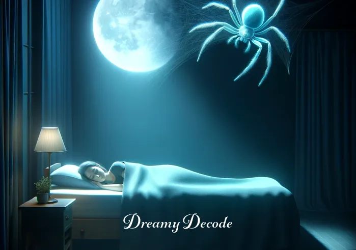 blue spider dream meaning _ A person sleeping peacefully in a moonlit room, with a translucent blue spider descending slowly from the ceiling towards the sleeper, casting a gentle glow in the dark.
