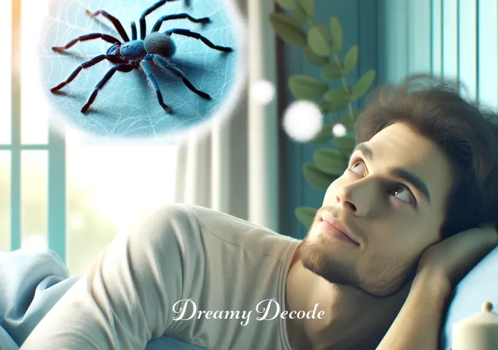 blue spider dream meaning _ The dreamer awakens, looking refreshed and thoughtful, gazing at the place where the blue spider was. The room is now bright with morning light, indicating a new beginning or insight gained from the dream.