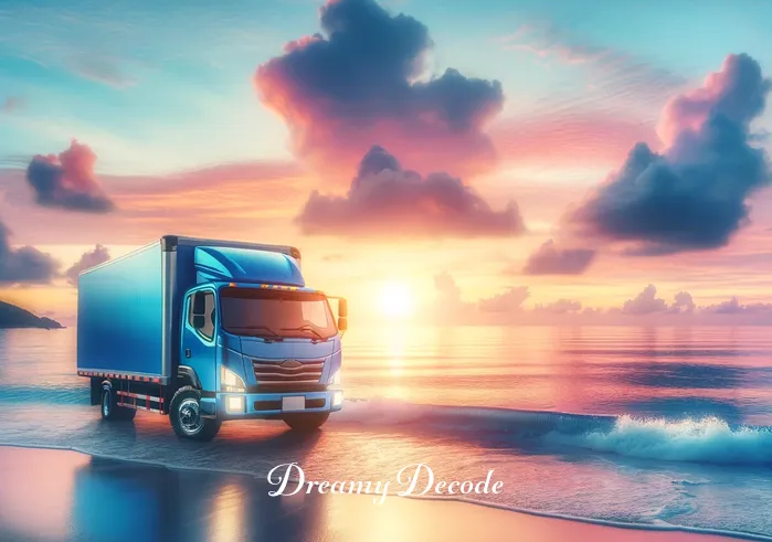 blue truck dream meaning _ A blue truck parked on a serene beach at sunset, with gentle waves lapping at the shore and a colorful sky in the background, symbolizing the beginning of a journey or a new phase in life.