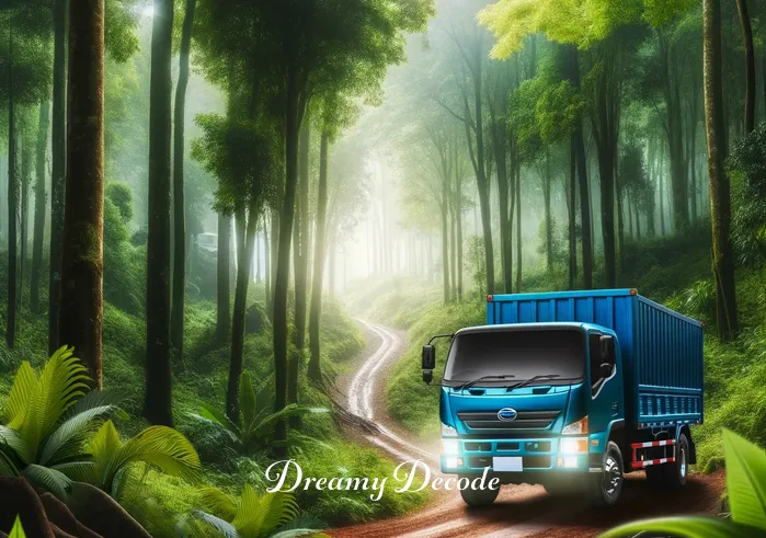 blue truck dream meaning _ The same blue truck now navigating through a lush, green forest, conveying a sense of adventure and exploration, as if the driver is seeking new experiences or directions in life.
