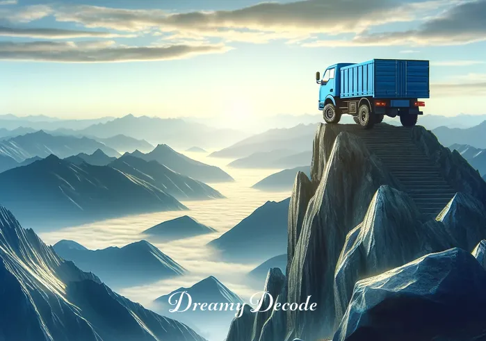 blue truck dream meaning _ The blue truck reaching the peak of a mountain, overlooking a breathtaking view, representing achievement, overcoming challenges, and gaining new perspectives.