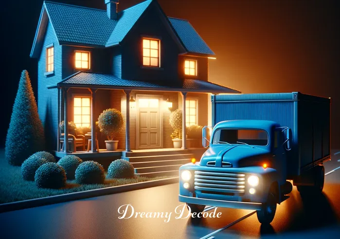 blue truck dream meaning _ Finally, the blue truck returning to a cozy, warmly lit home in the evening, symbolizing the end of a journey, the comfort of returning to familiar surroundings, and the integration of new experiences into one's life.