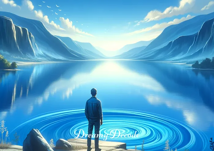 blue water dream meaning _ A person standing at the edge of a tranquil blue lake, symbolizing the beginning of a journey into understanding blue water dreams. The lake reflects the clear sky above, and the person appears contemplative, gazing into the water with a sense of curiosity and introspection.