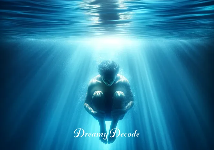 blue water dream meaning _ In this image, the person is submerged under the serene blue water, signifying a deeper level of understanding and connection with the subconscious mind. Soft beams of sunlight filter through the water, illuminating the person in a calm, reflective state, as if uncovering hidden truths or insights from the depths of their dreams.