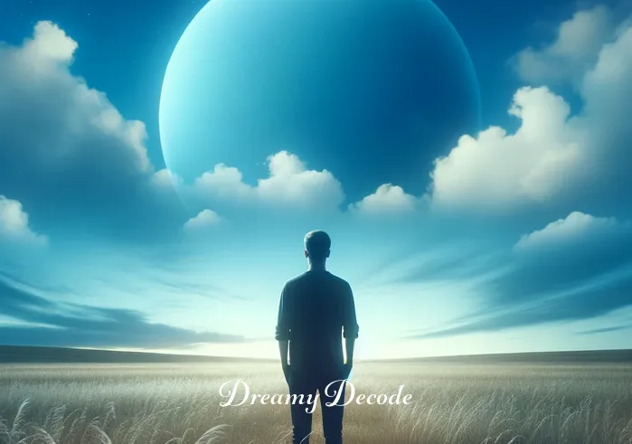 color blue dream meaning _ A person standing in a serene, open field under a clear blue sky, symbolizing tranquility and peace. They gaze up, reflecting a sense of calm and introspection associated with the color blue in dreams.