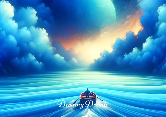 color blue dream meaning _ A vivid scene of a person navigating a small, blue boat on a calm, expansive ocean. The vast blue waters represent the journey of self-discovery and the pursuit of deeper understanding, as often conveyed by blue in dreams.