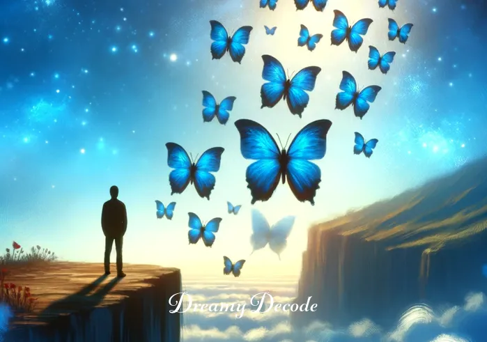 color blue dream meaning _ A dreamer standing at the edge of a cliff, watching a flight of blue butterflies ascending towards the sky. This symbolizes transformation and spiritual growth, echoing the hopeful and inspiring aspects of blue in dream interpretations.