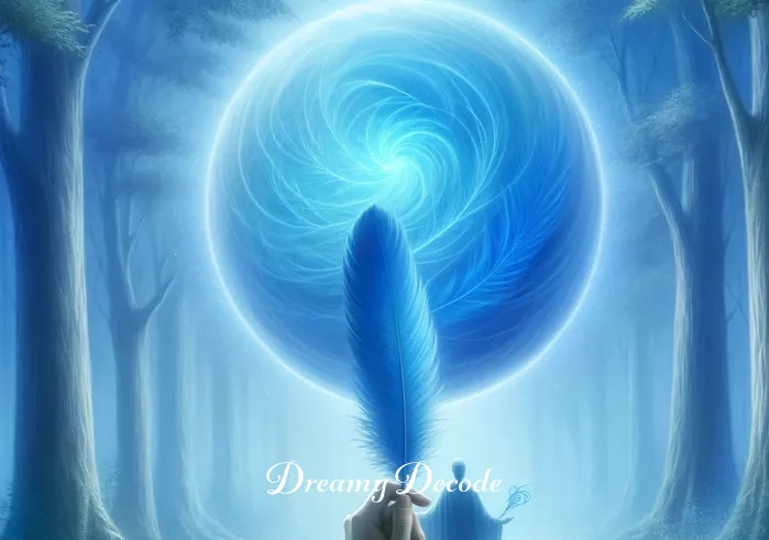 color blue dream meaning _ A depiction of a person holding a blue feather, surrounded by a soft, blue aura in a tranquil forest setting. This represents inner wisdom and intuition, key themes in understanding the significance of the color blue in dreams.