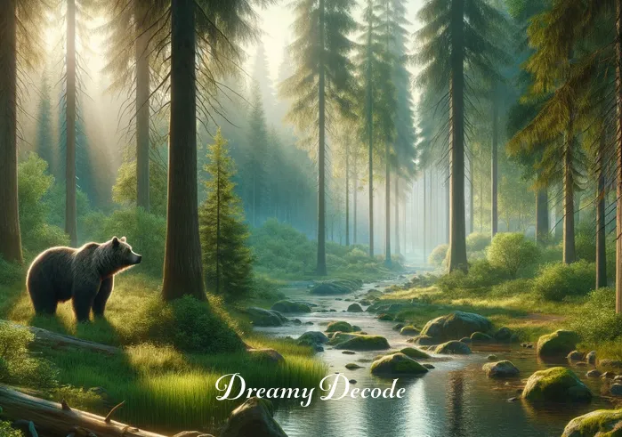 grizzly bear attack dream meaning _ A serene forest landscape with a distant, majestic grizzly bear standing by a stream. The bear seems calm, and the environment is peaceful, with sun rays filtering through the treetops.