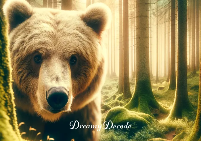 grizzly bear attack dream meaning _ A dream-like scene where the same grizzly bear is seen from a closer perspective, with its gaze fixed towards the viewer. The bear