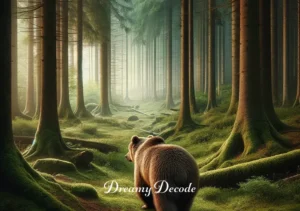 grizzly bear attack dream meaning _ A final scene where the bear is back on all fours, walking away into the depth of the forest. The atmosphere is tranquil, with a sense of resolution and peace, as the dream fades into a serene forest setting.