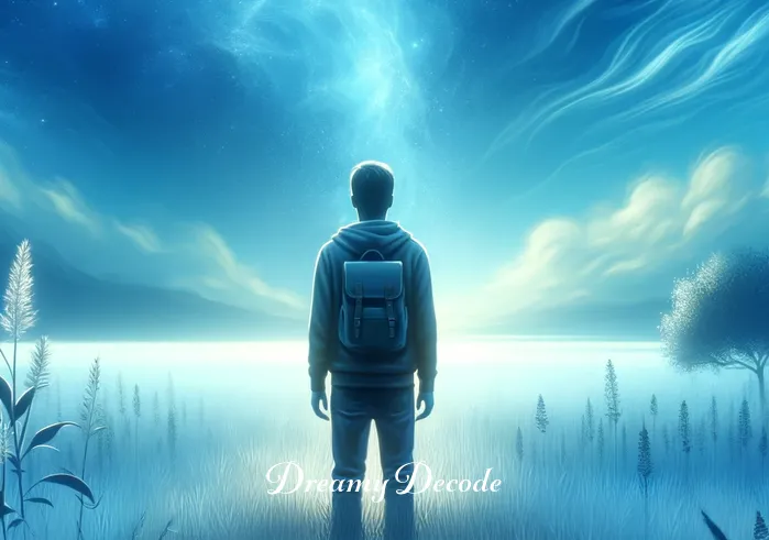 dream meaning blue _ A person standing in a tranquil meadow under a clear blue sky, reflecting on the calmness and serenity around them. Their expression is thoughtful and peaceful, symbolizing the beginning of a journey into understanding the significance of the color blue in dreams.