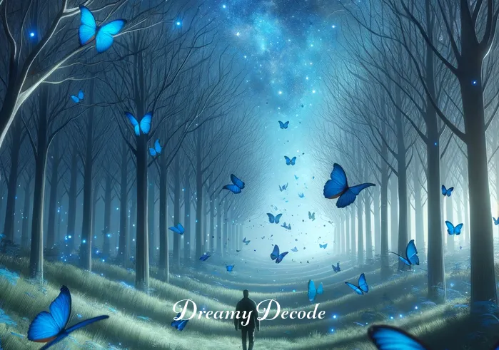 dream meaning blue _ A dream sequence where the same person is walking through a forest with blue butterflies fluttering around. The scene conveys a sense of wonder and exploration, representing the search for deeper meaning in the blue elements of their dreams.