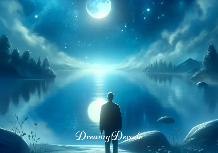dream meaning blue _ The individual in the dream finds themselves by a serene blue lake, gazing into the water. This scene symbolizes introspection and the deeper understanding of emotions associated with the color blue in dreams.