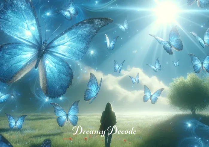 dream of blue eyes meaning _ A dream sequence showing the person walking through a serene meadow, with blue butterflies fluttering around, their wings resembling sparkling blue eyes, suggesting exploration and curiosity in the dream.