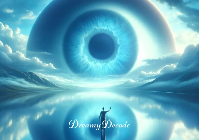 dream of blue eyes meaning _ The person in the dream reaching out towards a tranquil lake, where the reflection of the sky forms a vast, calming blue eye, indicating a moment of self-reflection and discovery in the dream.