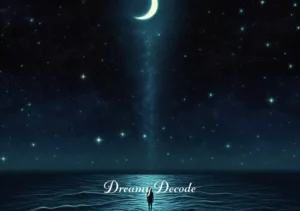 jhene aiko blue dream meaning _ A depiction of a star-filled night sky with a crescent moon, beneath which lies a calm sea. A figure stands at the shore, gazing at the sky, symbolizing hope, guidance, and the search for meaning, central themes in Jhene Aiko's "Blue Dream."