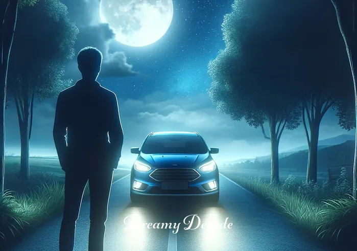 spiritual meaning of a blue car in a dream _ A dreamer standing beside a tranquil, moonlit road, gazing at a shiny blue car that has just appeared, symbolizing the onset of a new journey or phase in life.
