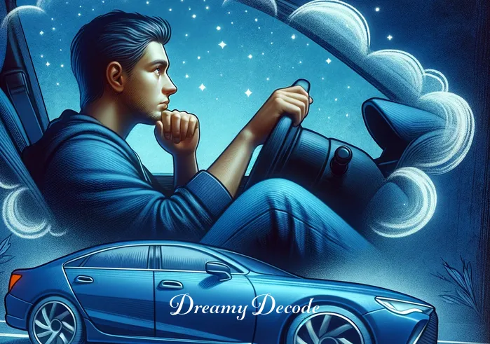 spiritual meaning of a blue car in a dream _ The dreamer now sitting inside the blue car, hands gently on the wheel, a look of contemplation on their face, as if pondering the direction or decision that this dream vehicle represents.