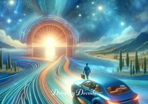 spiritual meaning of a blue car in a dream _ Finally, the dreamer arrives at a serene, brightly lit destination with the blue car, symbolizing the attainment of spiritual insights or the successful navigation through a life challenge.