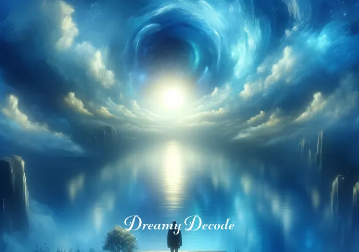 spiritual meaning of blue in a dream _ A serene landscape in a dream where the sky and a tranquil lake both share a deep, soothing shade of blue, symbolizing peace and spiritual tranquility. A solitary figure stands at the lake