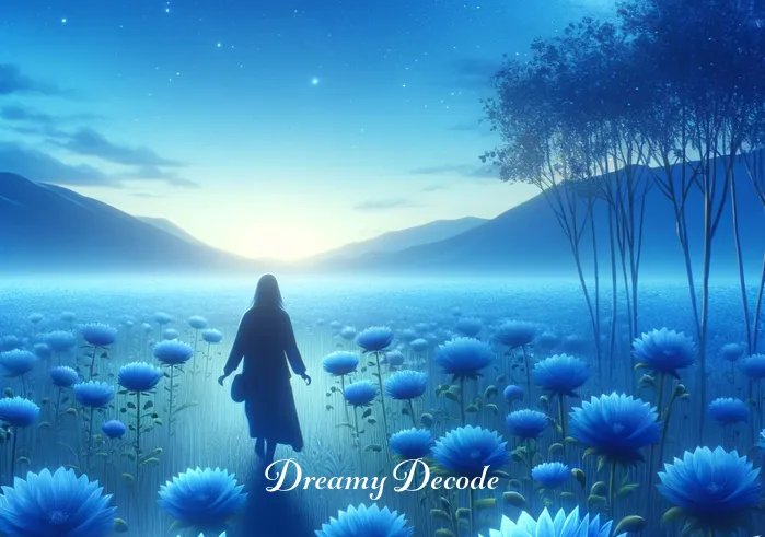 spiritual meaning of blue in a dream _ In the next scene, the dream shifts to a vibrant field of blue flowers under the same calming blue sky, suggesting growth and spiritual awakening. The dreamer walks through the field, touching the flowers, embodying a journey of self-discovery and connection with nature