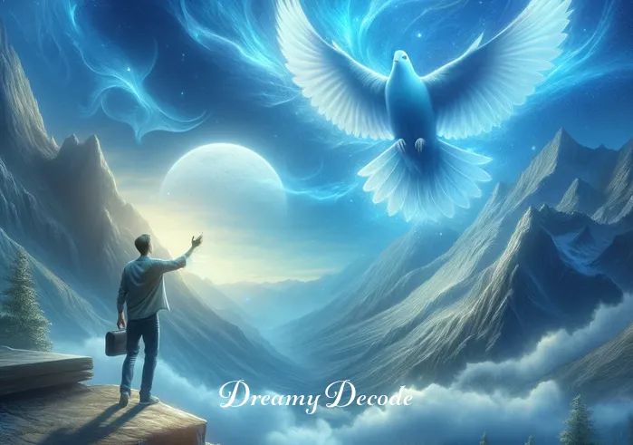 spiritual meaning of blue in a dream _ In the final scene, the dreamer reaches the mountaintop, where a magnificent blue bird takes flight into the blue sky, representing spiritual freedom and enlightenment. The dreamer watches in awe, embodying a moment of profound realization and connection with the spiritual realm.