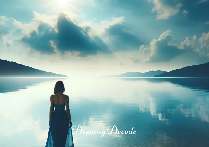 woman in blue dress dream meaning _ A woman in a flowing blue dress stands at the edge of a serene lake under a clear sky, reflecting on the water