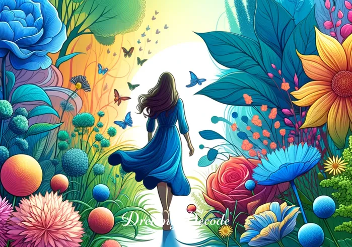 woman in blue dress dream meaning _ The same woman in the blue dress is now walking through a vibrant, lush garden, surrounded by various flowers in full bloom. This represents her exploration of different aspects of her personality and emotions.