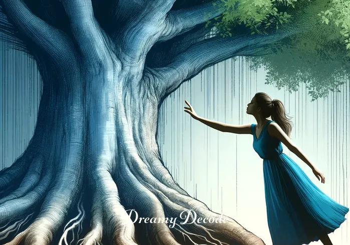 woman in blue dress dream meaning _ In this image, the woman in the blue dress is reaching out to touch a large, ancient tree. The tree