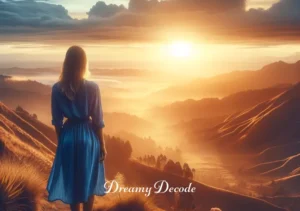 woman in blue dress dream meaning _ The final image shows the woman in the blue dress standing on a hilltop, overlooking a vast landscape bathed in the warm light of sunrise. It signifies the culmination of her journey, filled with newfound wisdom and a sense of completeness.